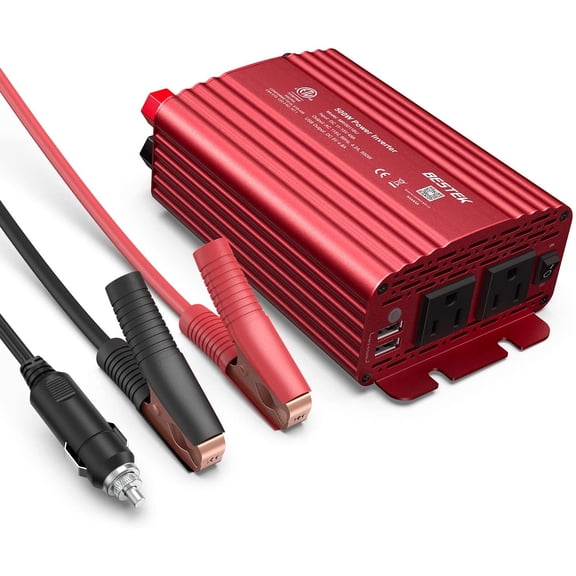 500W Power Inverter DC 12V to 110V AC Converter with Alligator Battery Clamp 4.8A Dual USB Car Charger ETL Listed