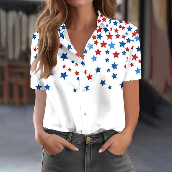 Gamivast Shirts for Women Fourth of July Star Print Collared V Neck Short Sleeve Loose Fit Patriotic Shirts Casual Summer Shirts Button Down Going out Vacation Wear