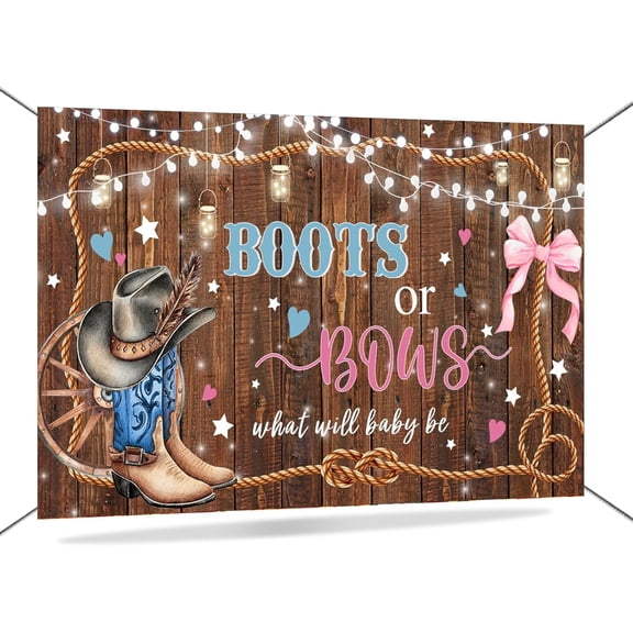 Boots or Bows Gender Reveal Backdrop Cowgirl Cowboy What Will Baby Be Background Rustic Wood Brown Western Gender Reveal Party Decorations Banner Supplies Photo Booth Props