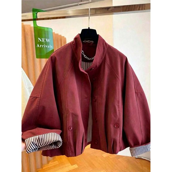 Womens Angolan Red Stand Collar Jacket, Casual Loose Fit Short Windbreaker