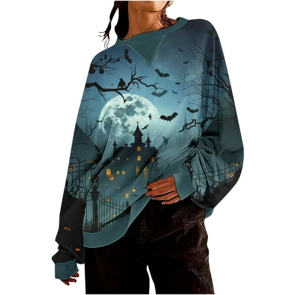 Raeneomay Long Sleeve Shirts for Women Oversize Halloween Women's Round Neck Loose Top Hoodie