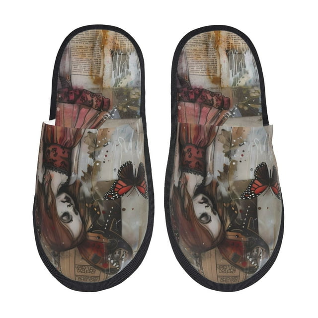 Fotbe Vintage Collage Girl Butterfly Pantuflas Peludas para Mujer con Estampado, Zapatillas de Peluche, Zapatos de Invierno para Casa, Uso Interior y Exterior-Large