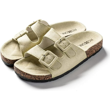 

Roxoni Women Comfort Sandals Double Buckle Adjustable EVA Flat Slides Footbed Suede with Arch Support Non-Slip