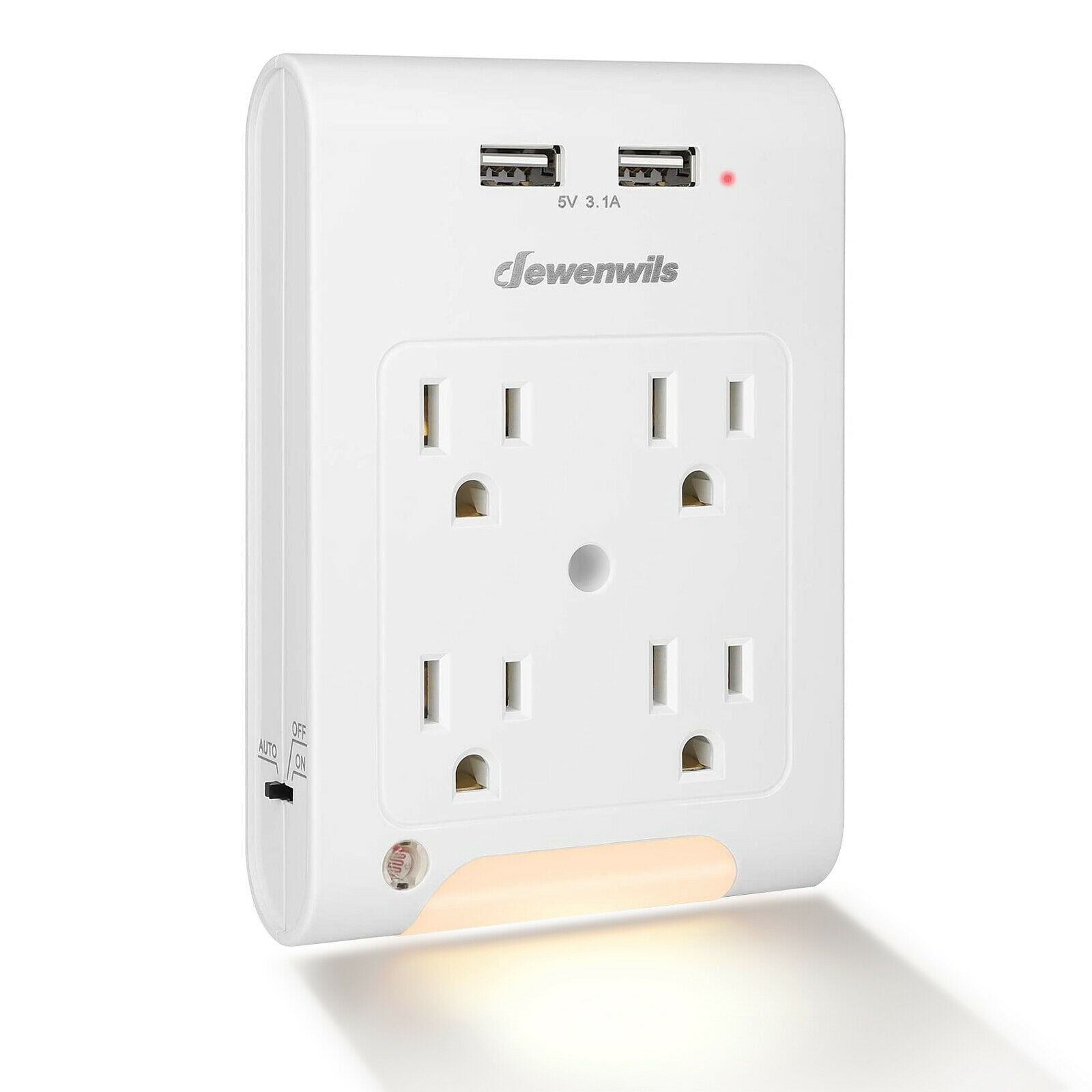 3 Outlets and Smart Night Light Multi Plug Extender Wall Charger with USB Ports 