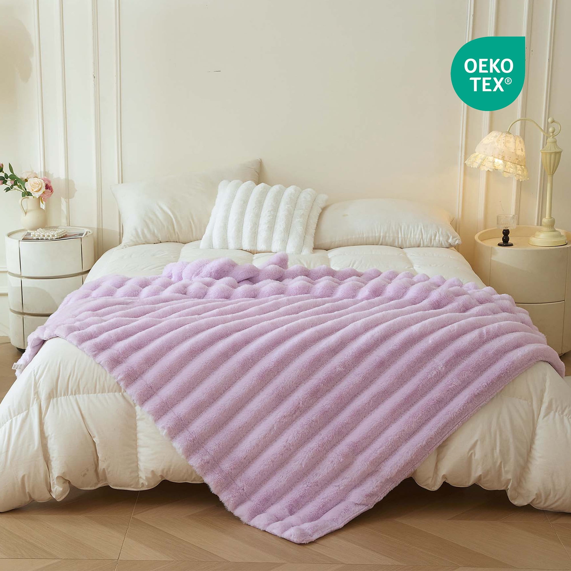 XeGe Fluffy Faux Rabbit Fur Bed Blanket, Soft Wide Stripe Plush Fuzzy Throw for Couch Sofa, Light Purple Shaggy Throw Bedroom Living Room, Large Furry Blanket for Kids Girls Adults, 60x90, Lavender