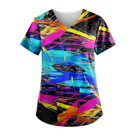 

Sksloeg Scrub Tops Of 2023 Vintage Clothes Color Block Printed Top Short Sleeve V-Neck Shirts Tee Tops with Pockets Nursing Working Uniform Multicolor XXXL