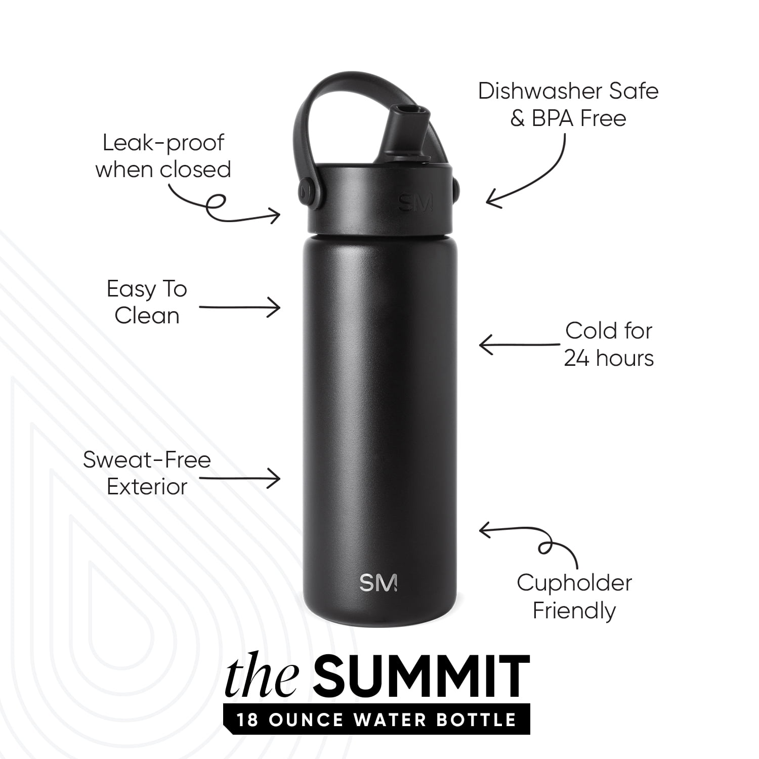 Simple Modern 18 fl oz Insulated Stainless Steel Summit Wide Mouth Water Bottle with Handle and Straw Lid | Midnight Black