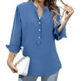 thumbnail image 2 of AKEGAMN Women's Loose Stand Collar Solid Color Long Sleeve Cotton Linen Blouse, Blue S-5XL, 2 of 9