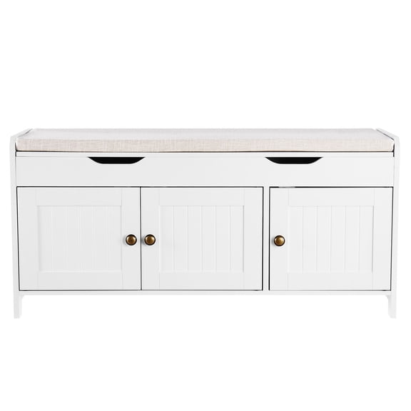 KFFKFF Entryway Bench with Lift-Top Storage, 41.3 x 13.8 x 19.8 Inch Shoe Rack with Cushion, 250lbs Capacity, 3 Cabinets and Adjustable Shelf, for Bedroom or Hallway, White and Black