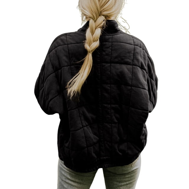 Opperiaya Women Stand Collar Long Sleeve Solid Color Full Zip Quilted Jackets