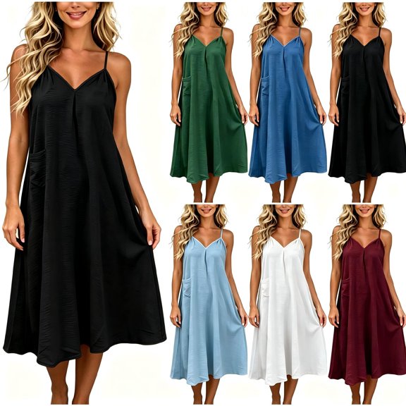 Tqcoqu Women's Spaghetti Strap V Neck Midi Dress with Side Pockets,2026 Loose Casual Summer Tank Dresses,Black Women's S-XXL