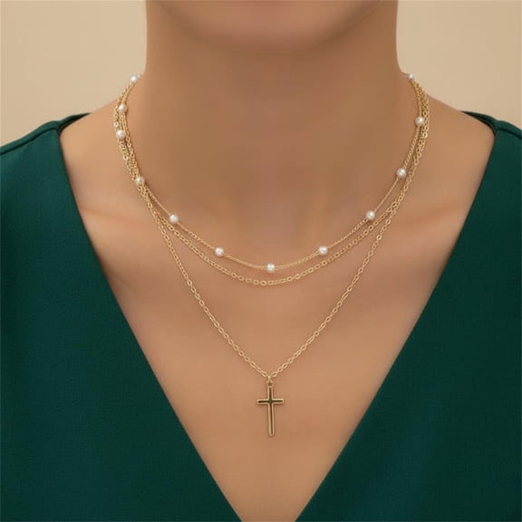 Dainty Layered Cross Necklace for Women, Gold Plated 3-Piece Necklace Set with Pearl Beaded Choker, O Chain and Small Cross Pendant