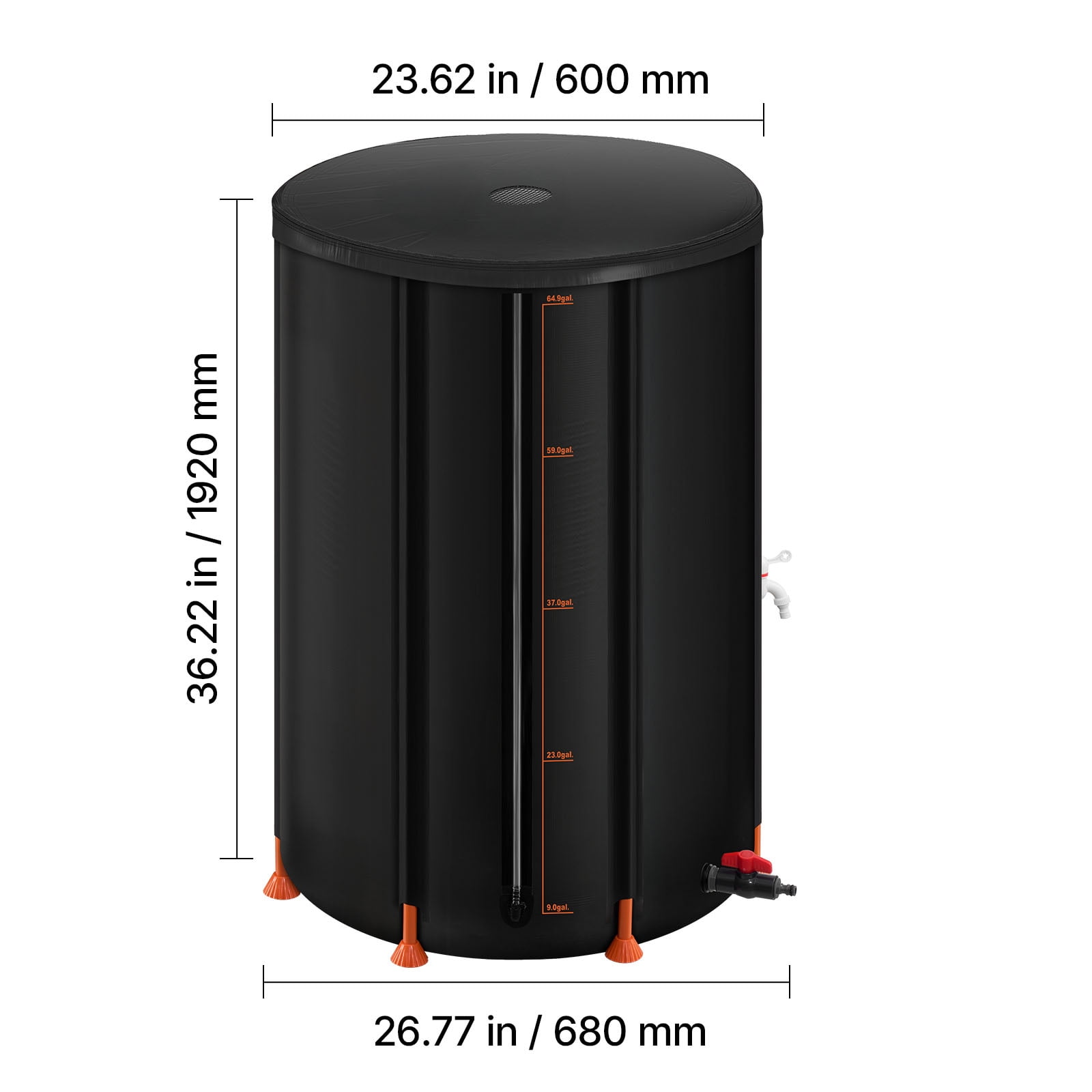KFFKFF Collapsible Rain Barrel, 66 Gallon Portable Rainwater Collection System, 500D PVC Garden Water Storage Container with Spigot & Overflow Kit, Black