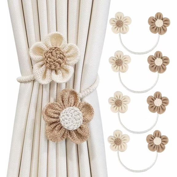 Curtain Tiebacks for Drapes - 4 Pack, Handmade Rope Tie Backs in Sunflower Cream Khaki, No Tools Needed