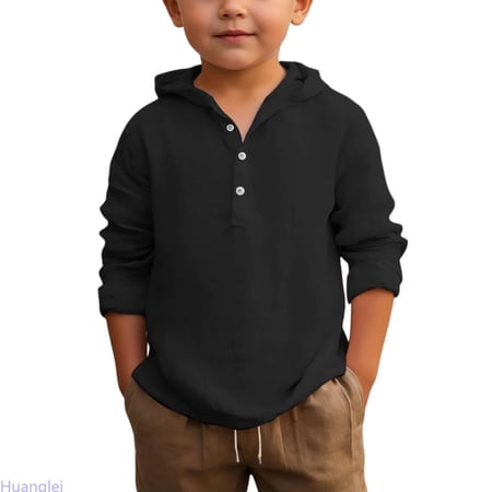 Huanglei Boys Summer Hooded Shirt Long Sleeve Button Down Beach Top Breathable Solid Color Casual Wear For Youth Children Crew Neck T-Shirt 8-9 Years Black