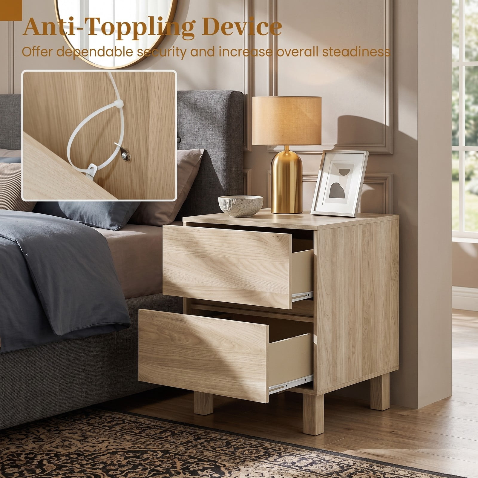 Furnibear Modern Wooden End Table with 2 Storage Drawers, Nightstand Side Table with Elevated Legs and Anti-Toppling Device for Living Room Bedroom Study, Natural