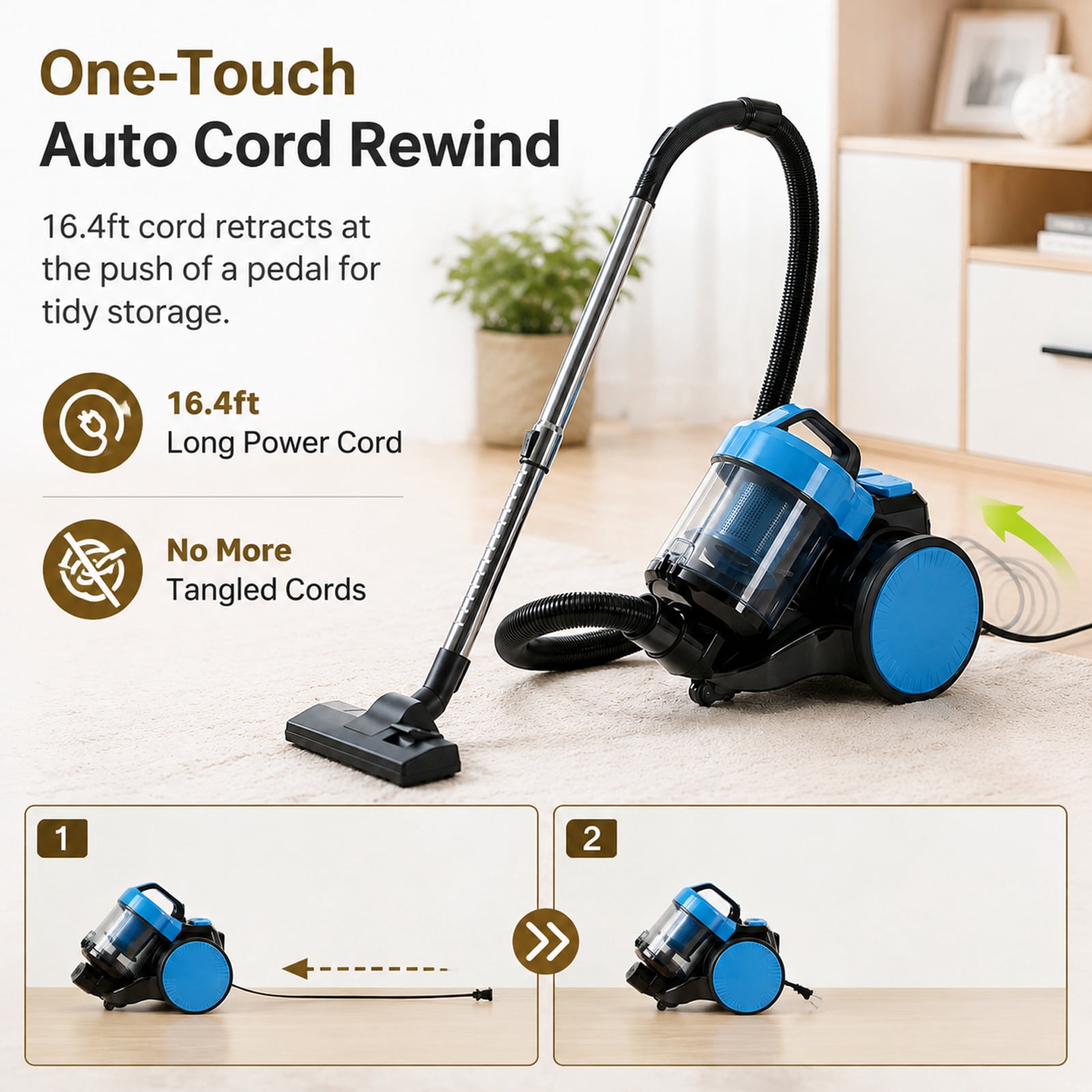Alvantor Household Portable Vacuum Cleaner, 16Kpa Bagless Canister Cleaner, Lightweight Powerful Vacuum for Carpets and Hard Floors, 1.8L, with Washable HEPA Filter, Auto-Rewind