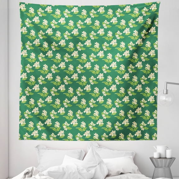 Jasmine Tapestry, Cartoonish Style Eggshell Flowers with Leaves Nature Art Spring, Fabric Wall Hanging Decor for Bedroom Living Room Dorm, 5 Sizes, Jade Green Multicolor, by Ambesonne