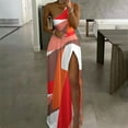 thumbnail image 2 of Robes pour Femmes Taille Haute Sexy Imprimé Fendu Robe à une Épaule Longueur Cheville Hawaïenne, 2 of 6