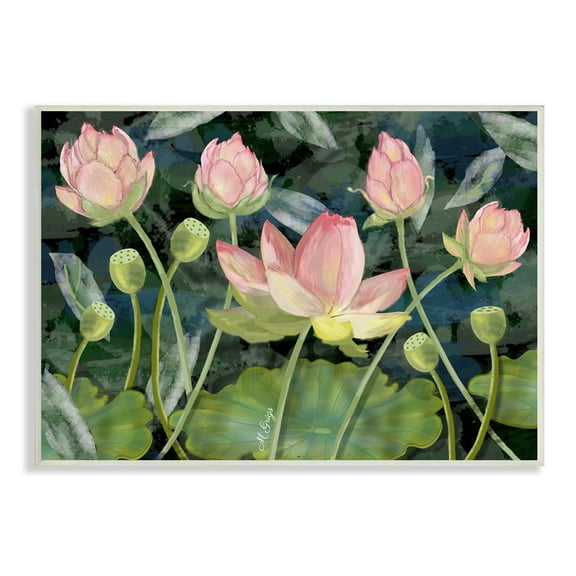 Stupell Industries Pink Lotus Flowers and Lily Pad Pond Botanical & Floral Painting Unframed Art Print Wall Art, 10 x 15
