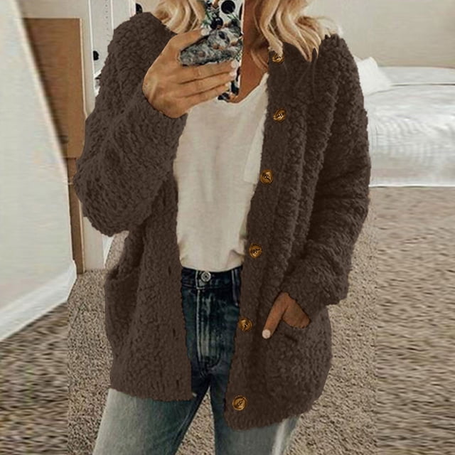 Chaqueta y abrigos casuales de manga larga sin capucha para mujer, chaqueta informal de color liso con bolsillos y botones, chaqueta de felpa para mujer