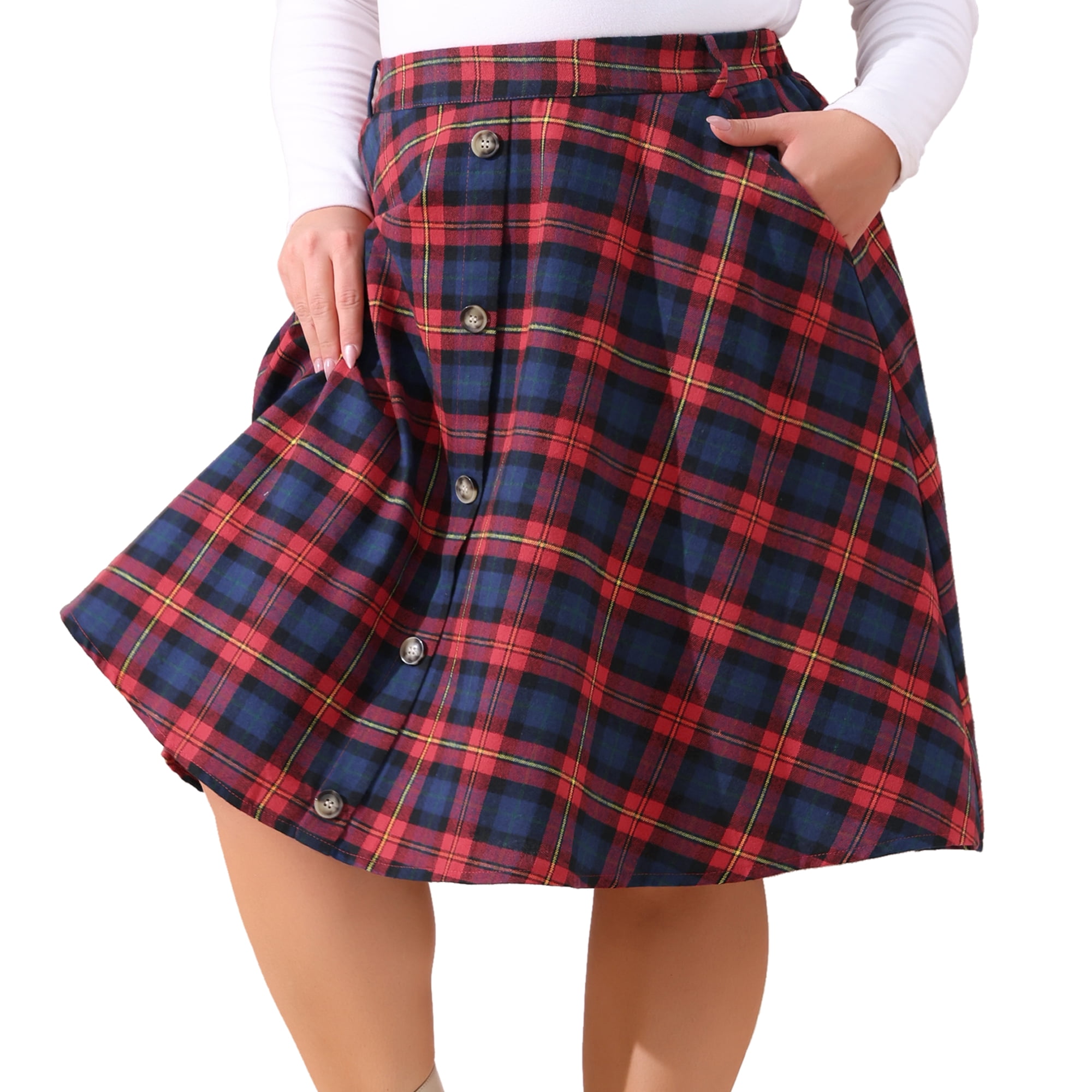 DARING DIVA Women's Plus Vintage Plaid Elastic A-Line Skirt with Pockets 2X Red Blue