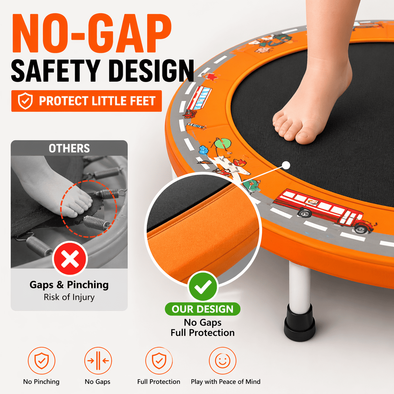 Witaxima 36" Mini Trampoline with Handle for Kids Ages 1-6, 150 lbs Max Capacity, No-Gap Safety Design with Upgraded Anti-Rollover Handle, Indoor Outdoor Bungee Toddler Trampoline, Fun Print, Orange