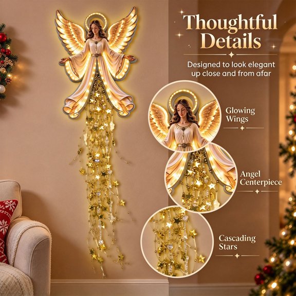 Christmas Angel Wall Decor, Resin Lighted Angel with Cascading Star Lights, Battery Operated Warm LED Wall Hanging for Living Room Entryway Holiday Decoration