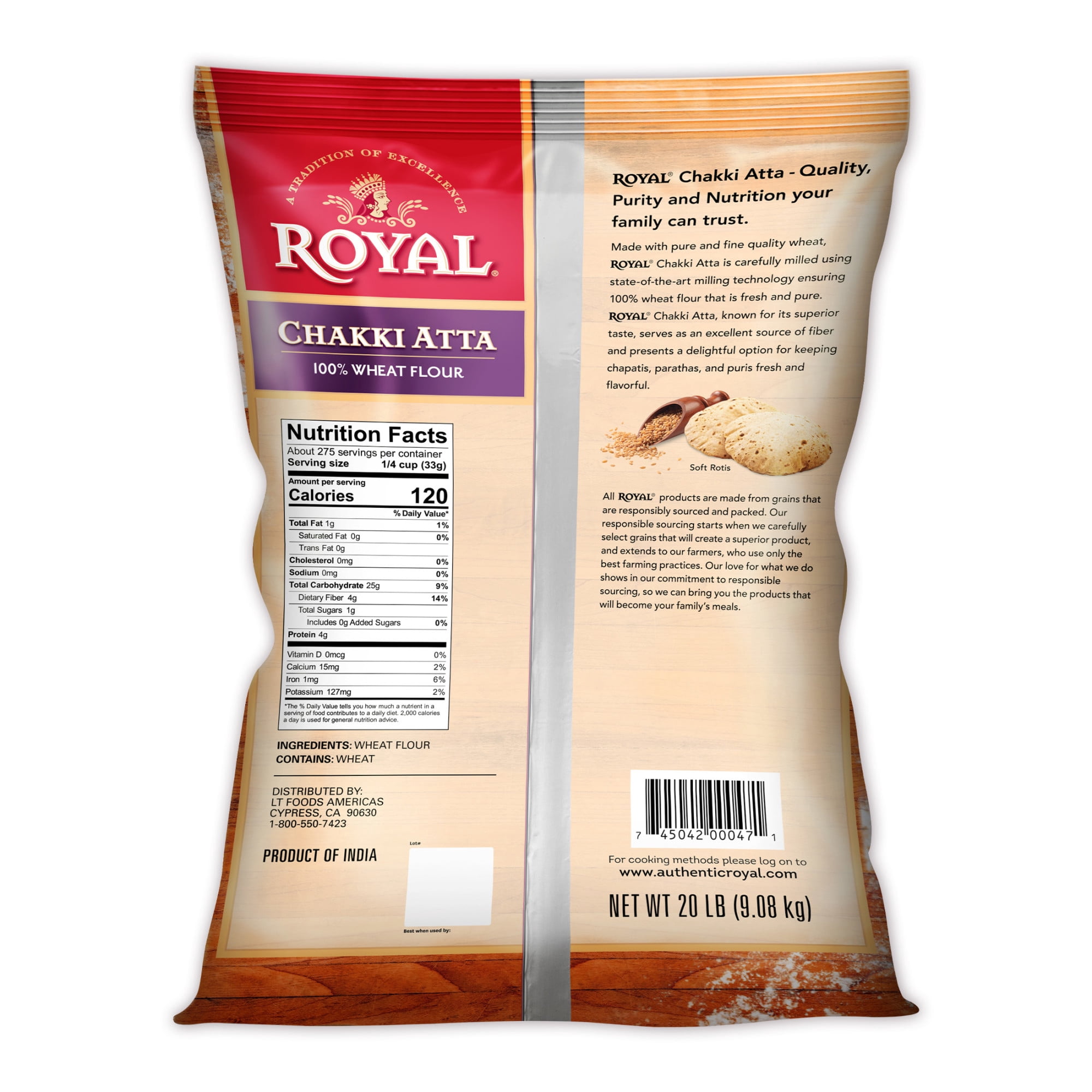 Royal Chakki Atta - 100% Wheat Flour, 20lb Bag