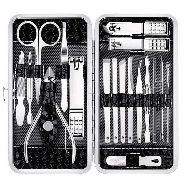 Juego de cortaúñas, cortadores de uñas y uñas de los pies, kit de manicura y pedicura, 18 piezas, kits de aseo profesional de acero inoxidable, herramientas para el cuidado de las uñas con lujoso estu