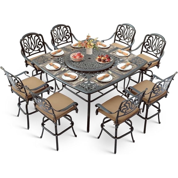 VIVIJASON 10-Piece Outdoor Bar Set, All Weather Cast Aluminum Patio Bar Furniture with 8 Cushioned Swivel Bar Stools, Large 64" Square Patio Bar Height Table with Detachable Lazy Susan