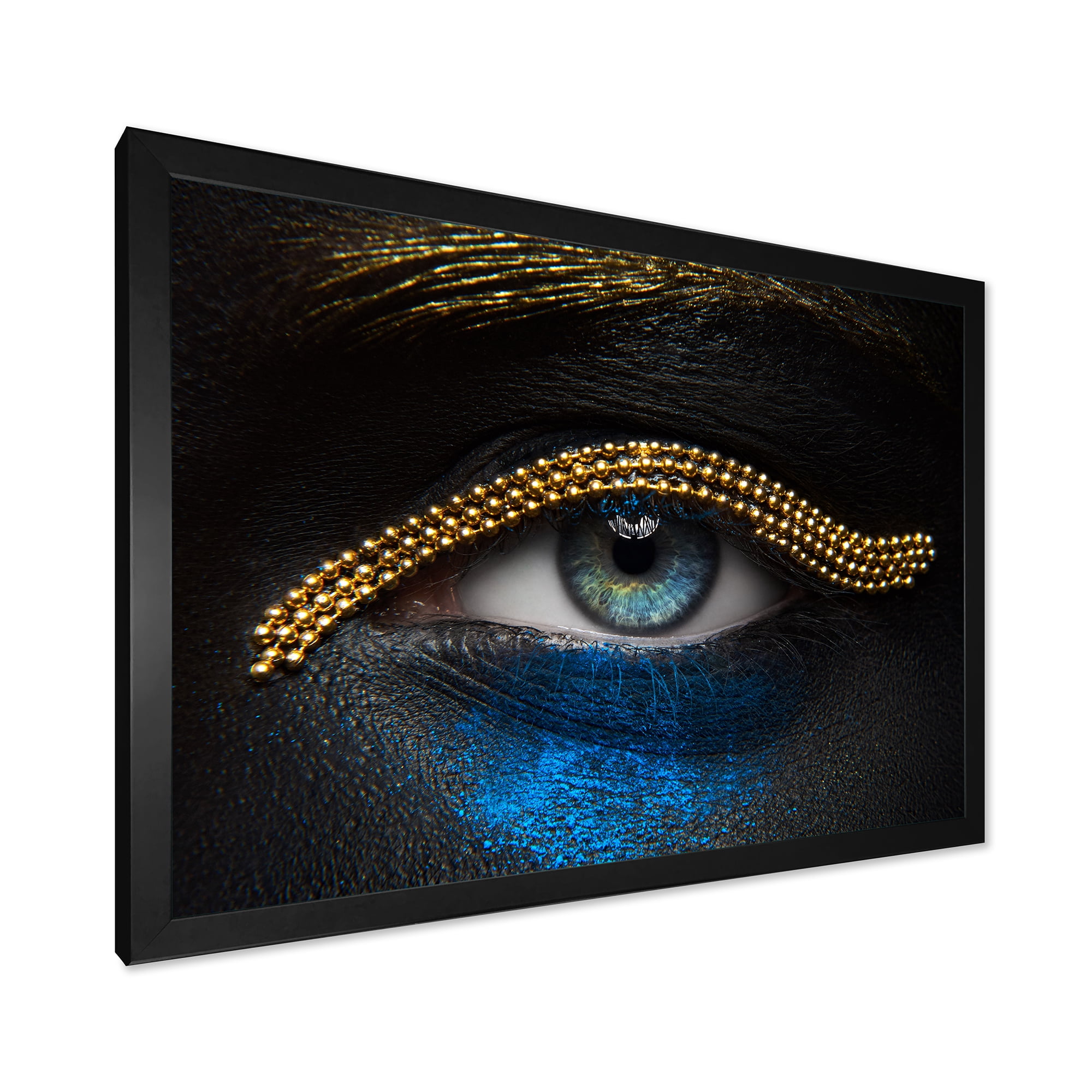 Designart 'Girl Eyes With Gold Chain and Blue Pigment' Modern Framed Art Print