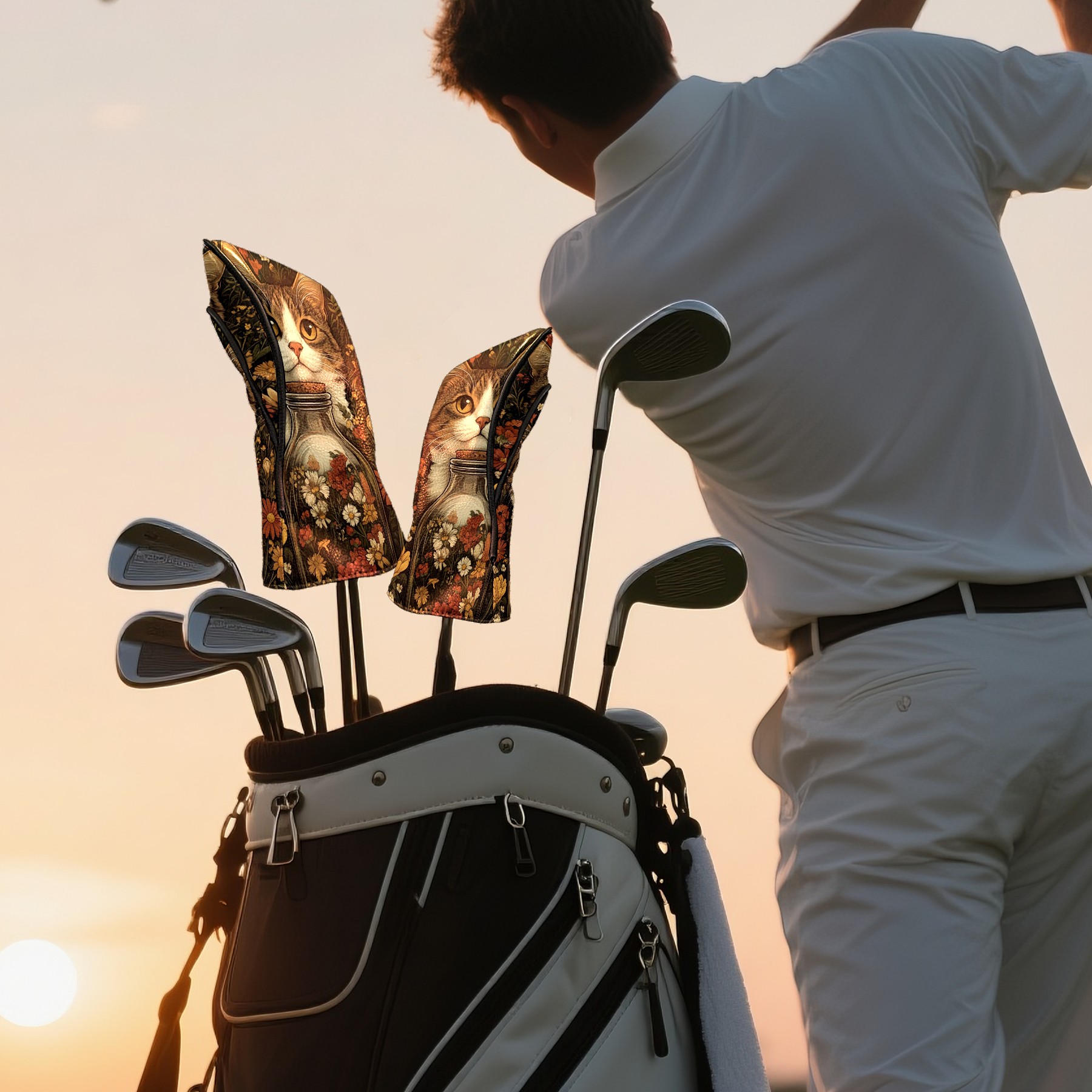 Golf Club Covers PU Leather Waterproof Head Covers for Fairway Woods Hybrids Cats And Flowers Unisex Fits Most Brands
