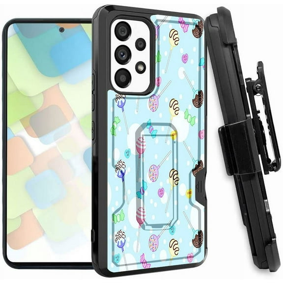 ANJ  Rugged Dual Layered Holster Case w/Kickstand, Card Slot Case   Tempered Glass Cover for Samsung Galaxy A53 5G - Cotton Candy
