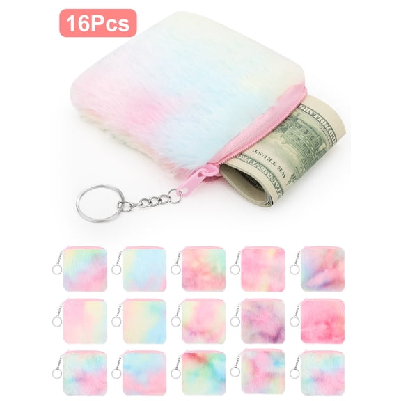 EEEkit 16pcs Rainbow Plush Coin Purse, Small Fuzzy Wallet for Women, Zipper Purse with Keychain