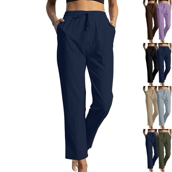 Admvng Sweat Pants For Womens Casual Linen Drawstring Elastic Waist Long Wide Leg Pants S-2XL
