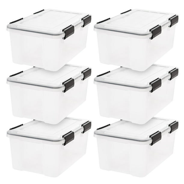 18 L Caja de Almacenamiento de Plástico con Tapa Duradera y Cierre Seguro, 6 Paquetes, Mantiene Alejados a los Insectos, el Polvo y la Humedad, Transparente/Negro