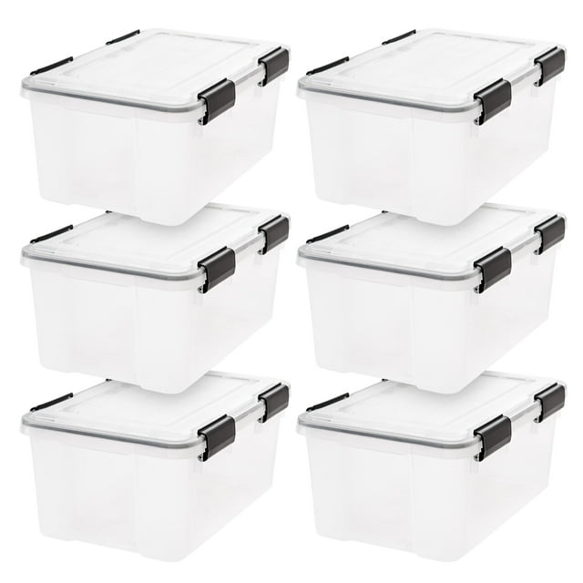 18 L Caja de Almacenamiento de Plástico con Tapa Duradera y Cierre Seguro, 6 Paquetes, Mantiene Alejados a los Insectos, el Polvo y la Humedad, Transparente/Negro