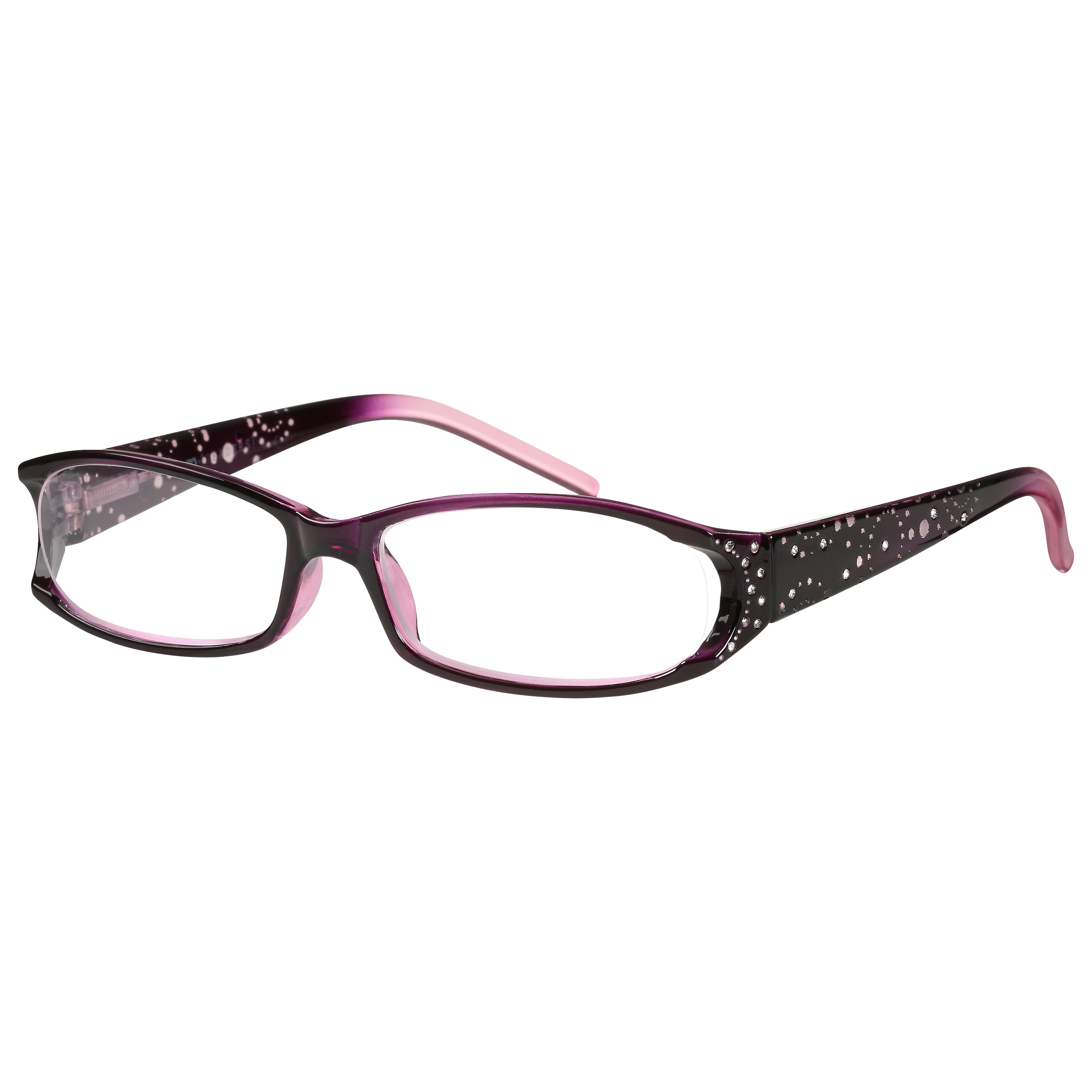 (2 pack) M+ Womens Rectangular Plastic Reading Glasses 1.75 Amber in Purple with Rhinestones