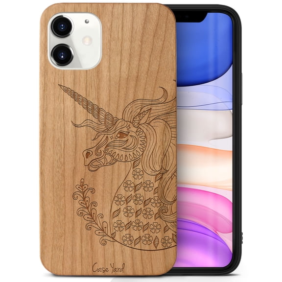 Case Yard Wooden Case Outside Soft TPU Silicone, Slim Fit Shockproof Wood Protective Phone Cover for Girls Boys Men and Women, Supports Wireless Charging Unicorn Design case for iPhone-12-Mini