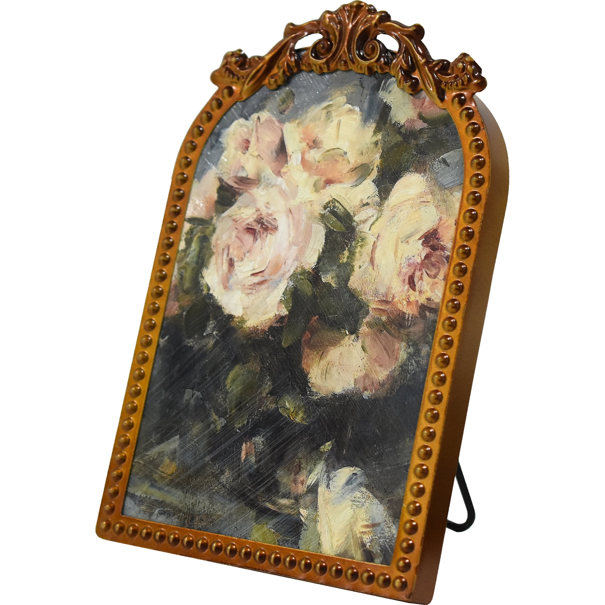 Crystal Art Gallery Metro Beaded Ornate Arched Filigree Tabletop Wall Art – Gold Framed Floral Still Life Print by Charles Hermans, Decorative Vintage Rose Art for Shelf, Dresser, or Mantel, 6x8