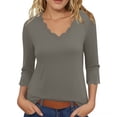 thumbnail image 3 of WHEANG Womens Plus Size Long Sleeve T-Shirts Trendy Casual Scallop Trim V Neck Tunic Tops Curvy Loose Fit Blouse Tees Womens Tops Shirts Summer Tees Outfits Clothes Size S Gray Summer Sales Under $6, 3 of 4