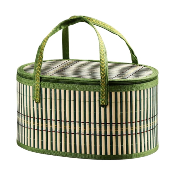 Cesta tejida de bambú, cesta de bambú con tapa, asas dobles tejidas a mano, cesta de regalo, cesta de almacenamiento de alimentos para fiestas, verde S