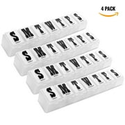 Pill Organizers - Pack of 4 Bold Letter Weekly Pill Planners for 28 Days Total to Separate Supplements, Fish Oils & Vitamins Daily Medication Reminder for Travel & Purse