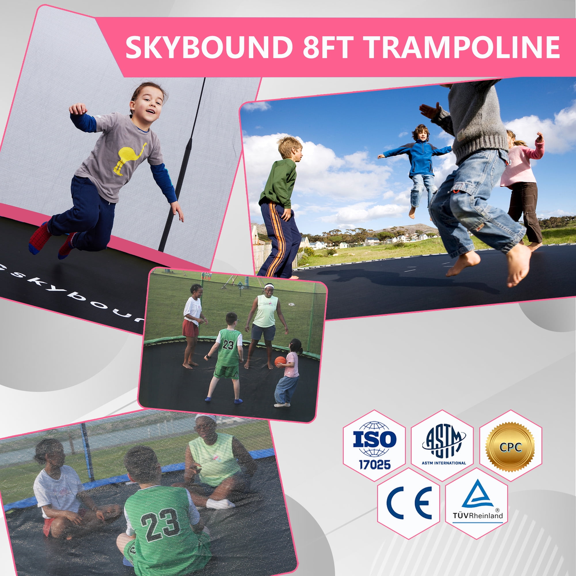 SkyBound 8 FT  Trampoline with Enclosure - Recreational Trampolines with  L-Shaped Legs for Extra Stability - Outdoor Trampoline for Kids and Adults