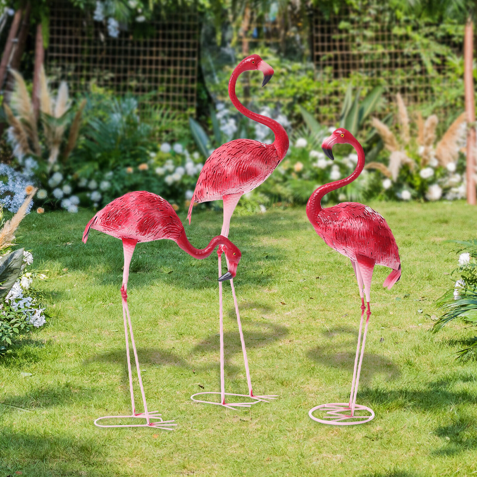 Denest 3 Pack Flamingo Garden Statue Pink Sculpture Decor Yard Art Metal Statues New