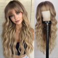 thumbnail image 1 of Peluca rubia con flequillo, peluca larga ondulada y rizada con raíces oscuras, pelucas sintéticas resistentes al calor para mujeres, uso diario en fiestas, 1 of 5