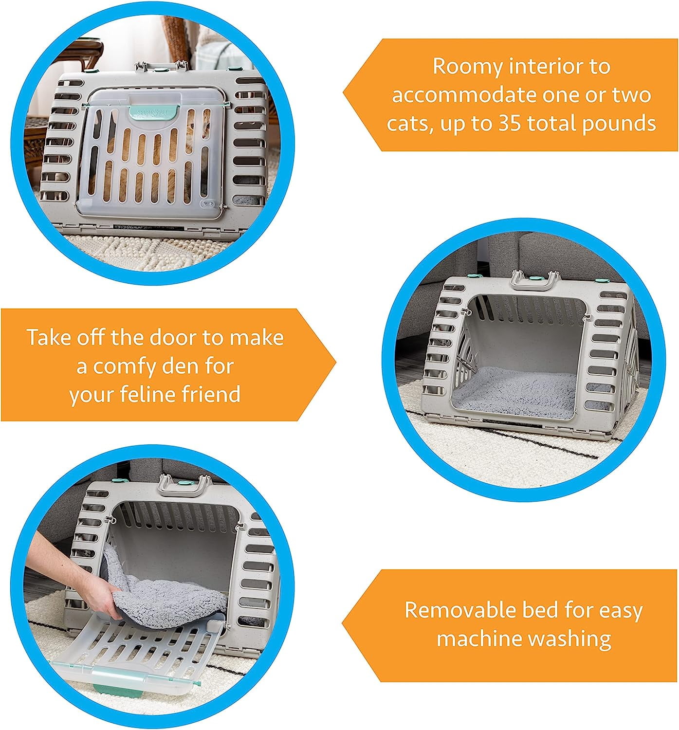 SportPet Extra Large Durable Plastic Collapsible Cat Carrier with Water-Resistant Cat Bed