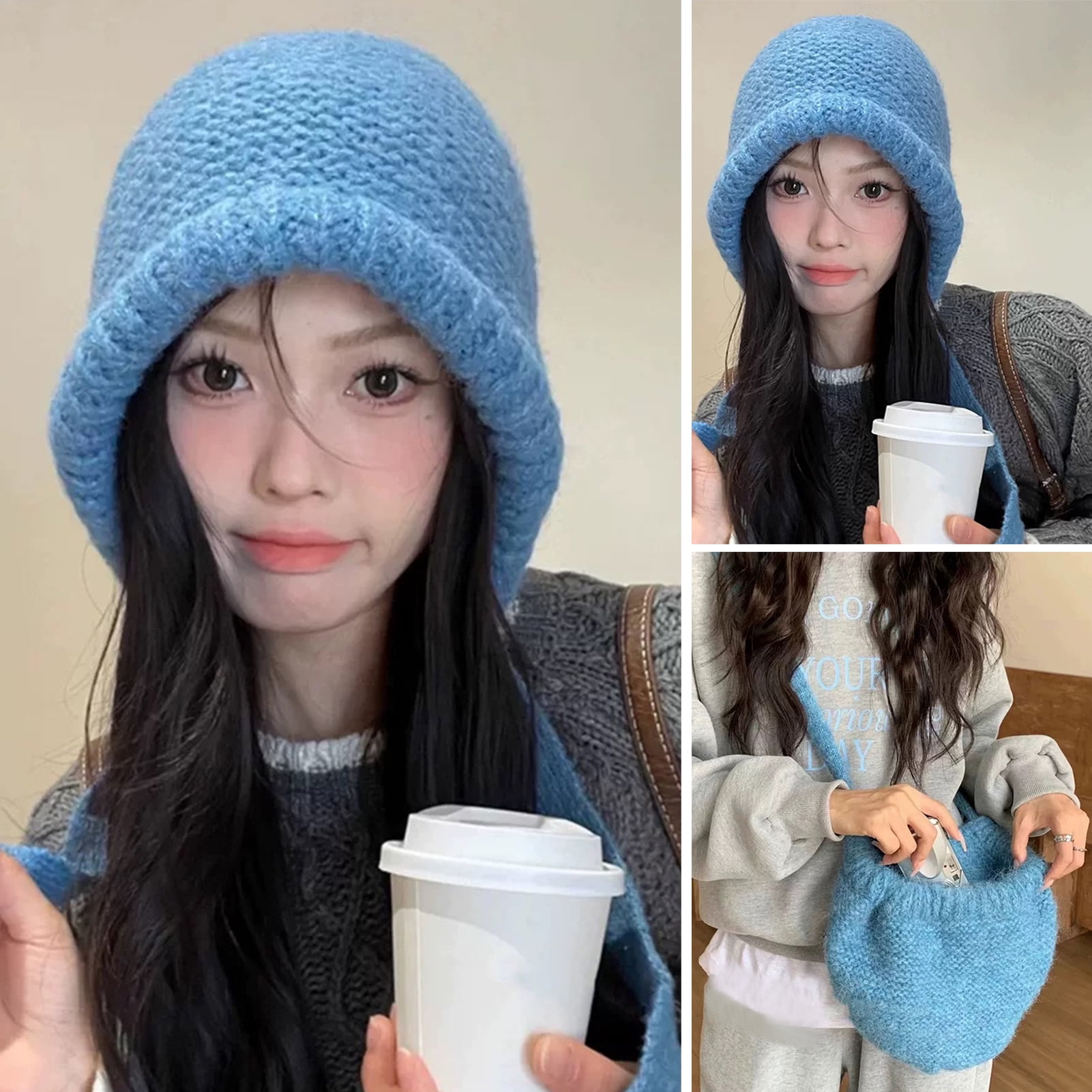 HEVIRGO 7PCS Ladies Hat Auutmn Winter Beanie Warm Japanese Knit Hat Pile Cap Windproof Thick Ear Tie Pullover Gorro Bonnet Black