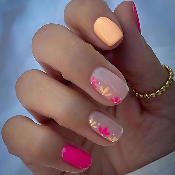 RAGUPEL 2026 New Extra Short Square Fall Fake Nails Full Cover Yellow Glue on Nails with Flower Designs Glossy False Nails Stick on Nails Artificial Acrylic Nails for Women Girls 24 Pcs